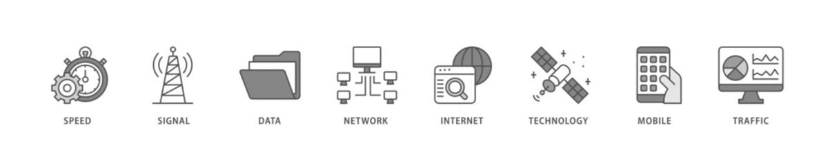5G icon set flow process which consists of speed, signal, data, network, internet, technology, mobile and traffic icon live stroke and easy to edit .