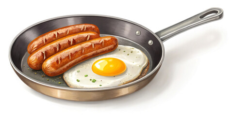 Delicious 3D Icon of Sausages and Egg on a Frying Pan for Food Presentations