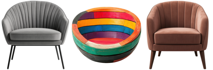 Modern Chairs and Colorful Bowl on White Background Decor