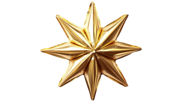 Eight-pointed inflatable golden star balloon on transparent background