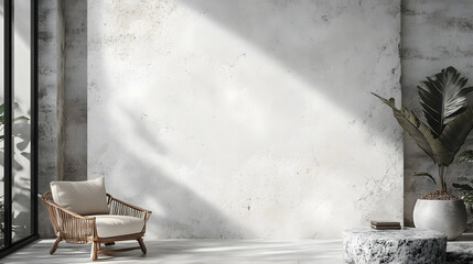 A bright, modern room featuring a mix of concrete and white walls, with natural light spilling in, creating a peaceful, inviting atmosphere.