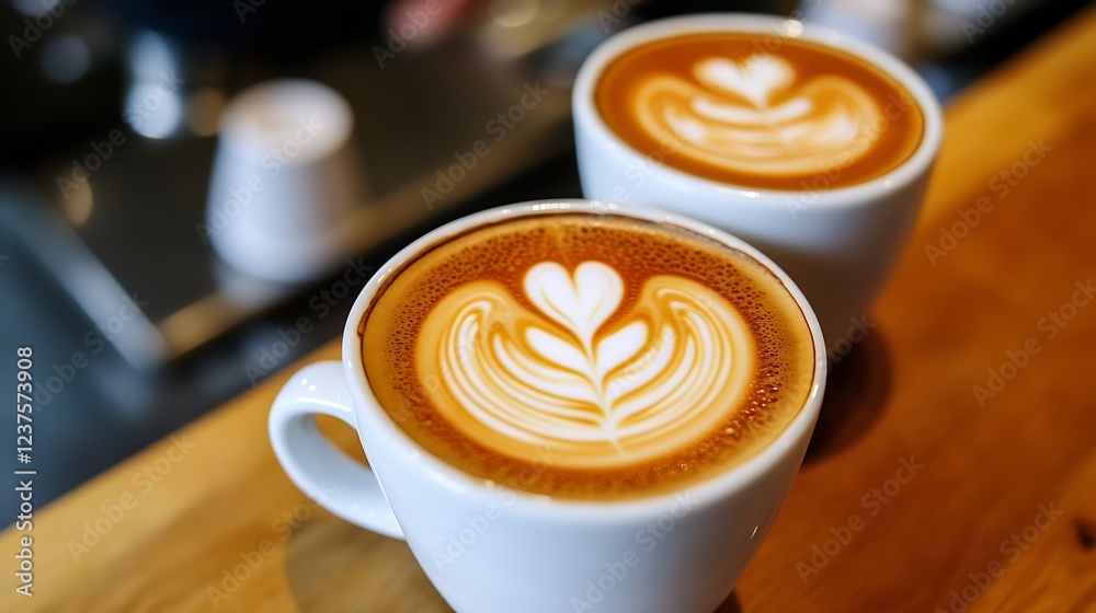 Poster Elegant Two Handmade Lattes with Artful Crema in Ceramic Cups : Generative AI
