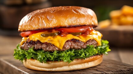 Juicy Cheeseburger with Lettuce and Tomato Served on Wooden Board : Generative AI