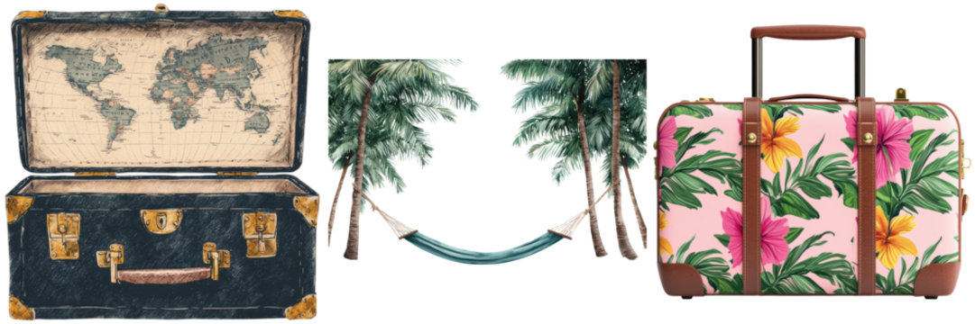 Vintage Travel Suitcase with Tropical Elements and Hammock Design