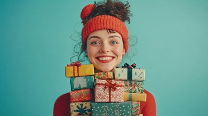 Happy woman holding Christmas gifts, studio shot