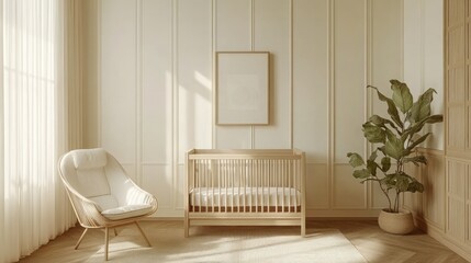 Baby crib, chair, plant, sunlit room, nursery design