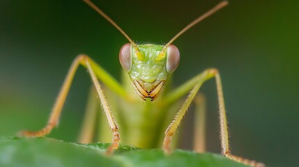 Fototapeta premium Macro Portrait of a Green Praying Mantis with Folded Forearms in Garden : Generative AI