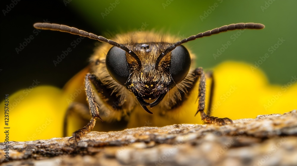 Poster macro shot of bee on wood with vivid yellow background closeup insect details : generative ai