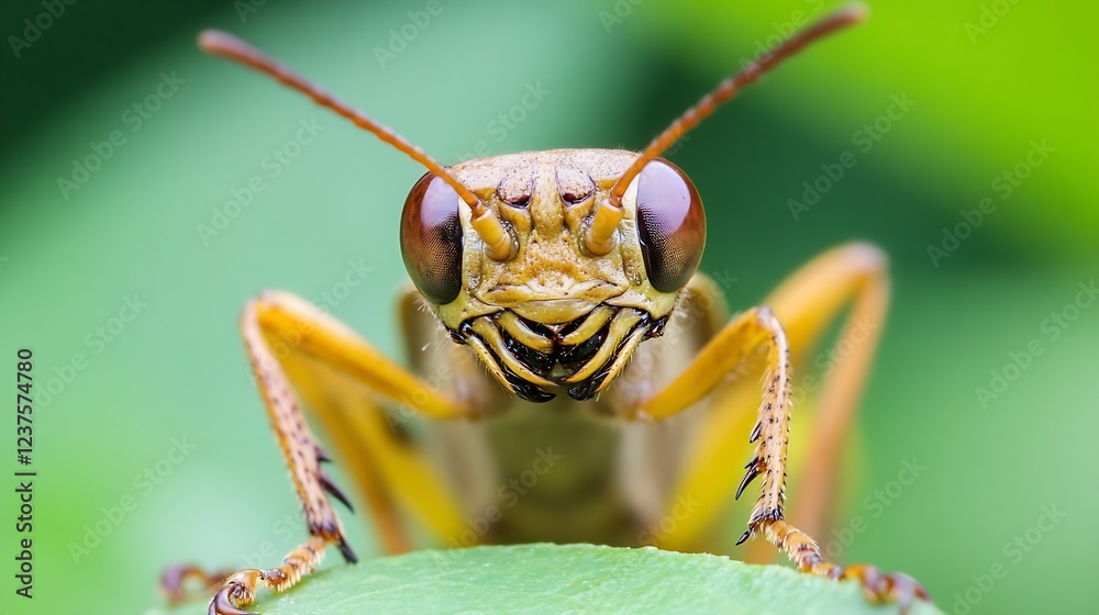 Poster Detailed Close Up of a Grasshopper on Leaf Highlighting Its Intricate Features and Vivid Colors : Generative AI