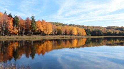 Serene Autumn Lake with Vibrant Foliage Reflection in Calm Water Under Blue Sky : Generative AI
