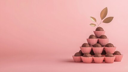 A pyramid of chocolate truffles in pink wrappers, set against a soft pink background, with decorative leaves adding a touch of elegance.