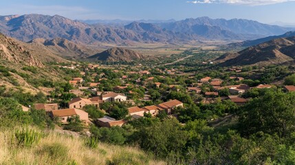 Fototapeta premium Mountain Village Panorama Houses nestled in arid landscape