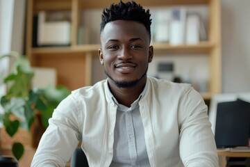 Self assured young African man participating in a video job interview from his office