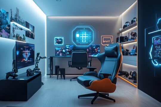 Holographic AI strategy guides floating mid-air in a gaming room for optimal tactics.