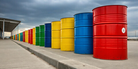 A Vibrant Set of Colorful Metal Oil Barrels for Industrial and Decorative Use