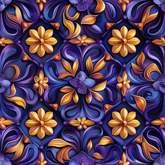 A vibrant floral pattern with intricate designs in purple, orange, and yellow hues.