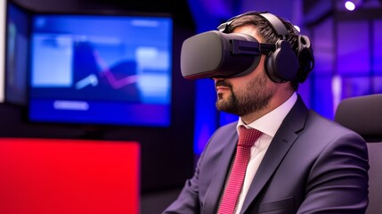Business professional engaged in virtual reality experience, analyzing data in a modern office setting