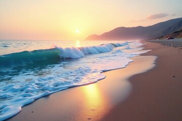Softly glowing wave of blue mist fades into a horizon of white sand and gentle brown hills, glow, brown, wave
