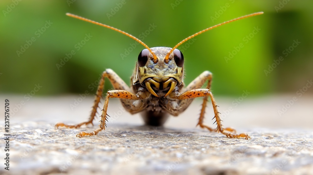 Poster Detailed Front View of Grasshopper on Stone Surface in Natural Habitat : Generative AI