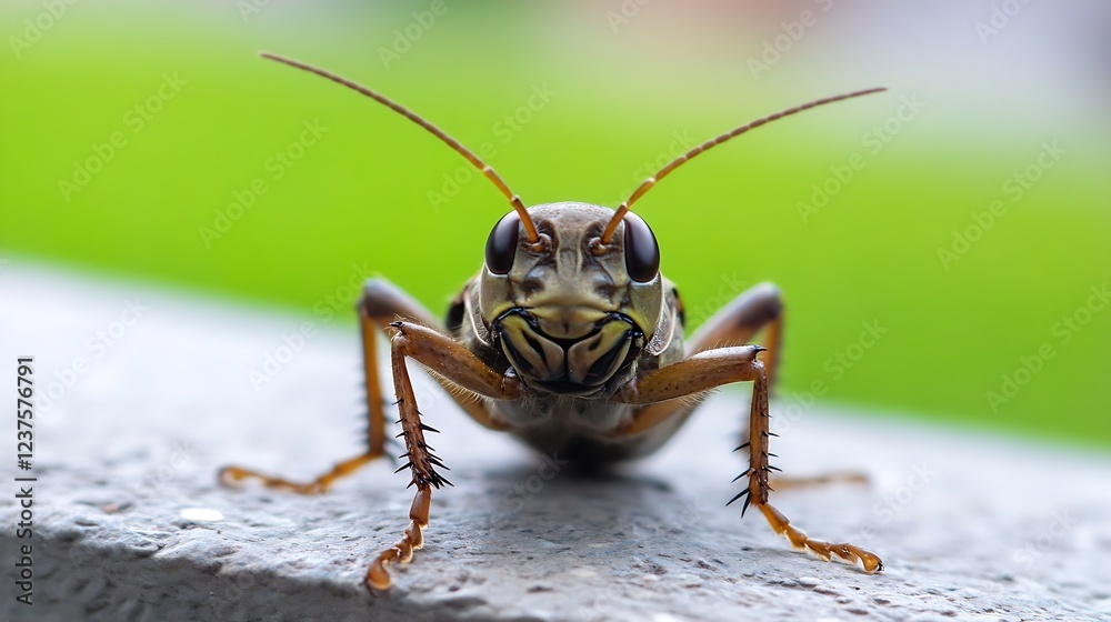 Poster macro close up of cricket on stone surface with green nature background : generative ai