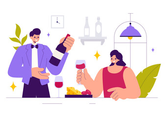 Wine Tasting Illustration featuring People Holding Wine Glasses with Bottles and Grapes for Tasting, Drinking, Swirling, and Savoring the Aroma