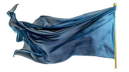 Blue flag waving on golden pole with transparent background