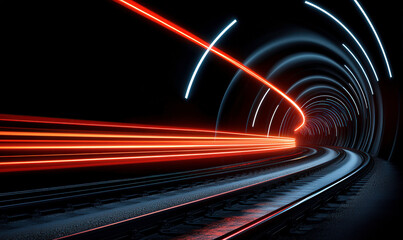 Dynamic Motion Blur of Train Lights in a Dark Tunnel Creating an Abstract and Futuristic Visual Effect for Transportation and Technology Themes