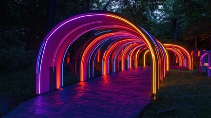 Illuminated archway path, night park, vibrant colors, festive atmosphere
