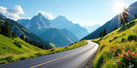 Fototapeta premium Serene mountain road winding through vibrant wildflowers and lush green hillsides under a radiant sun