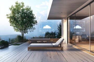 AI projections on an outdoor patio show weather forecasts holographically.