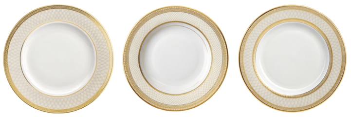 Three Oval Gold Trimmed Porcelain Plates Isolated on White Background, Dinnerware, Elegant, Plates, Porcelain, Gold