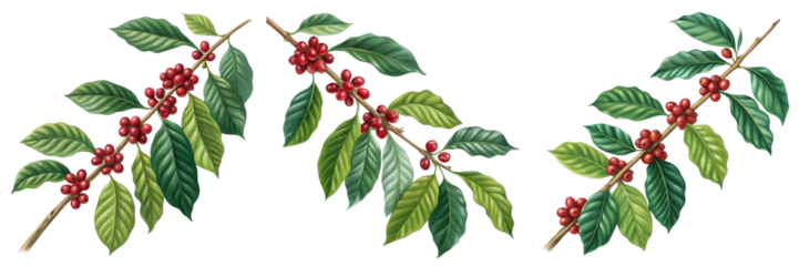 Coffee Plant Branches with Red Berries, Botanical Illustration, Isolated on White Background, Coffee beans, illustration, botanical art