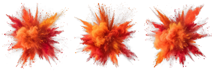 Triple Red Orange Powder Explosion Isolated on White Background, Color Burst, Abstract Art, Powder explosion, Abstract, Color splash