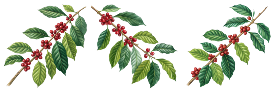 Coffee Plant Branches with Red Berries, Botanical Illustration, Isolated on White Background, Coffee beans, illustration, botanical art