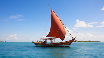 Traditional Maldivian Dhoni Boat Sailing on Turquoise Waters