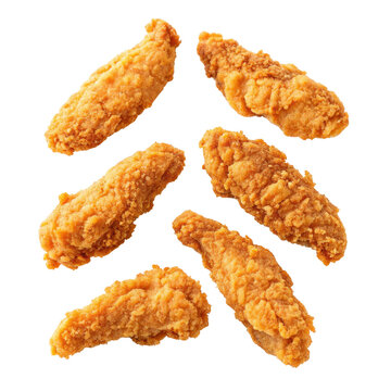 Six Crispy Fried Chicken Tenders, Isolated on White Background, Food Photography, Top View, Chicken tenders, fried food, fast food