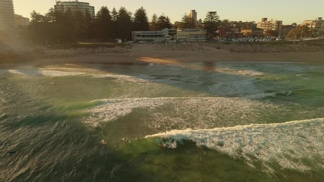 Aerial drone view of Cronulla beach in the Sutherland Shire, South Sydney, NSW Australia during late afternoon summer in February 2025    