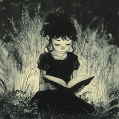 Serene girl reading book in lush greenery, captured in monochrome