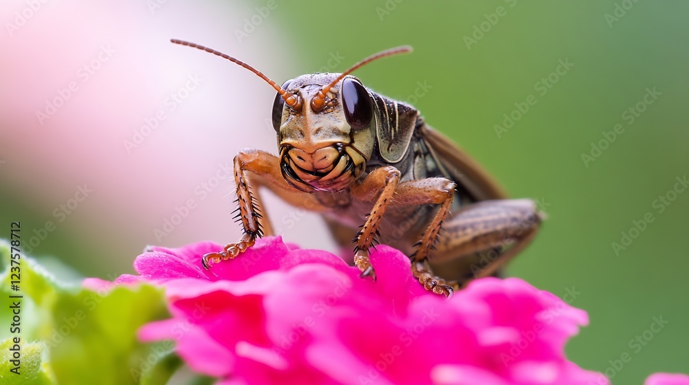 Poster Charming Grasshopper Resting on Vibrant Pink Flower in Nature Captured with Bokeh Background : Generative AI