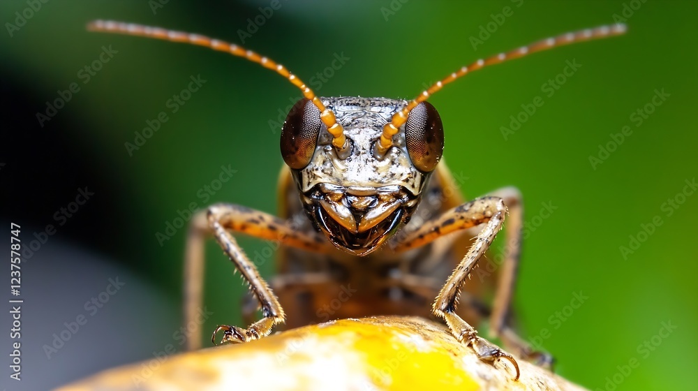 Poster Macro of a curious grasshopper on a vibrant background : Generative AI