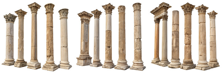 Obraz premium Collection of Antique Columns, Isolated on White Background, Architectural Design Elements, Roman, Greek, Column, Architecture, Ancient