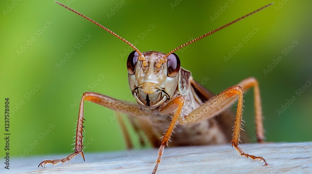 Poster closeup macro of a cricket on a vibrant green background : generative ai