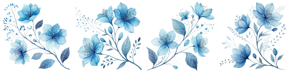 Fototapeta premium Watercolor Blue Floral Composition Elegant Flower Arrangement Isolated on White Background, Botanical Illustration, Floral Design, Blue flowers, watercolor painting, floral art