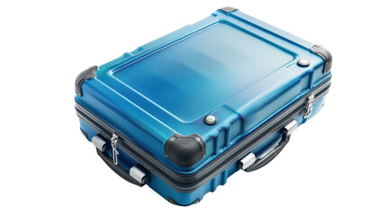 Modern blue suitcase isolated on transparent background, ready for travel