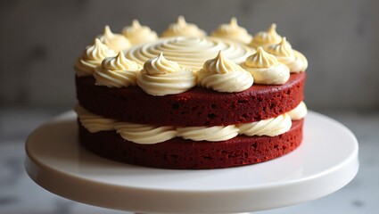 A rich red velvet cake with velvety cream cheese frosting, elegantly swirled and set on a white pedestal, glowing under warm, soft light.