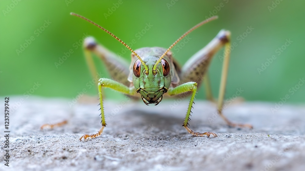 Poster Green Grasshopper on Stone Surface in Natural Setting Highlighting Limb Details : Generative AI
