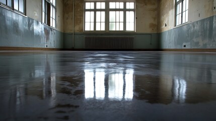 Abandoned Building Interior with Large Windows and Distressed Walls : Generative AI