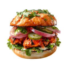 Tandoori Chicken Burger with Onions Isolated on Transparent Background
