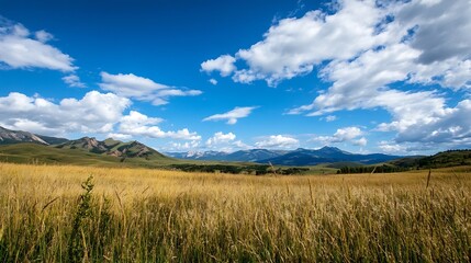 Obraz premium Expansive Golden Wheat Fields Under Vast Blue Sky in Majestic Rural Valley with Mountain Backdrop : Generative AI