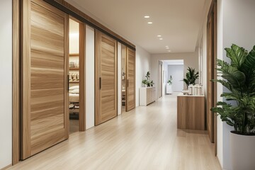 Sleek sterile corridor in a modern surgical facility with sliding doors 3D rendering
